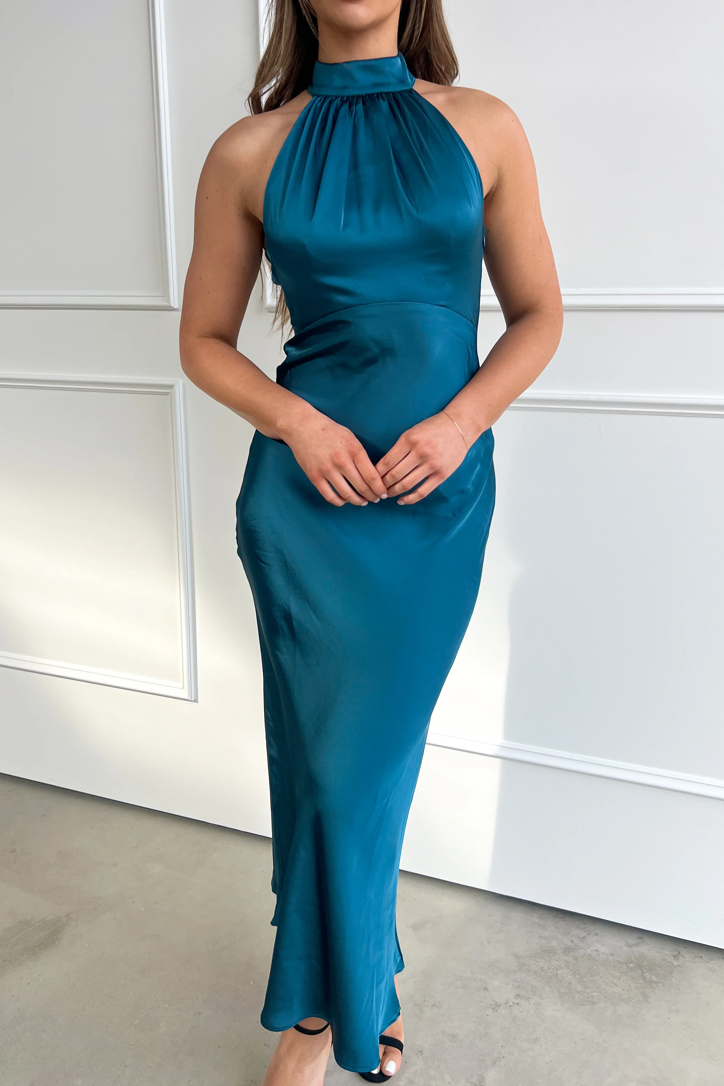 Elegant Teal Satin Halter Dress